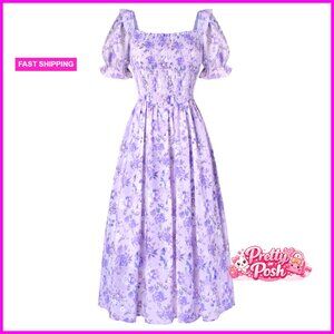 Floral Puff Sleeve Square Neck A-Line Chiffon Dress Wedding Guest